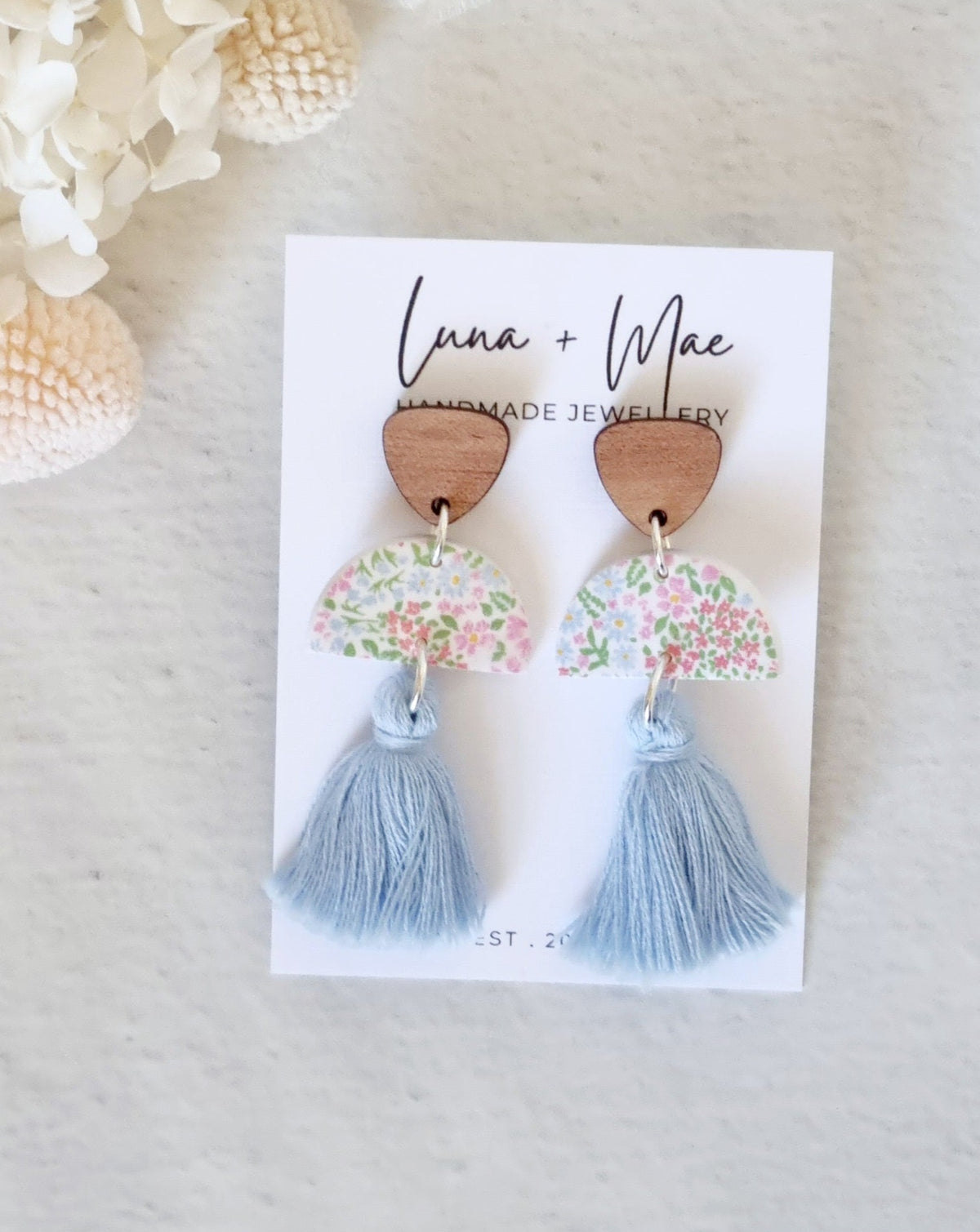 Tassel Floral Light Blue Dangle Earrings