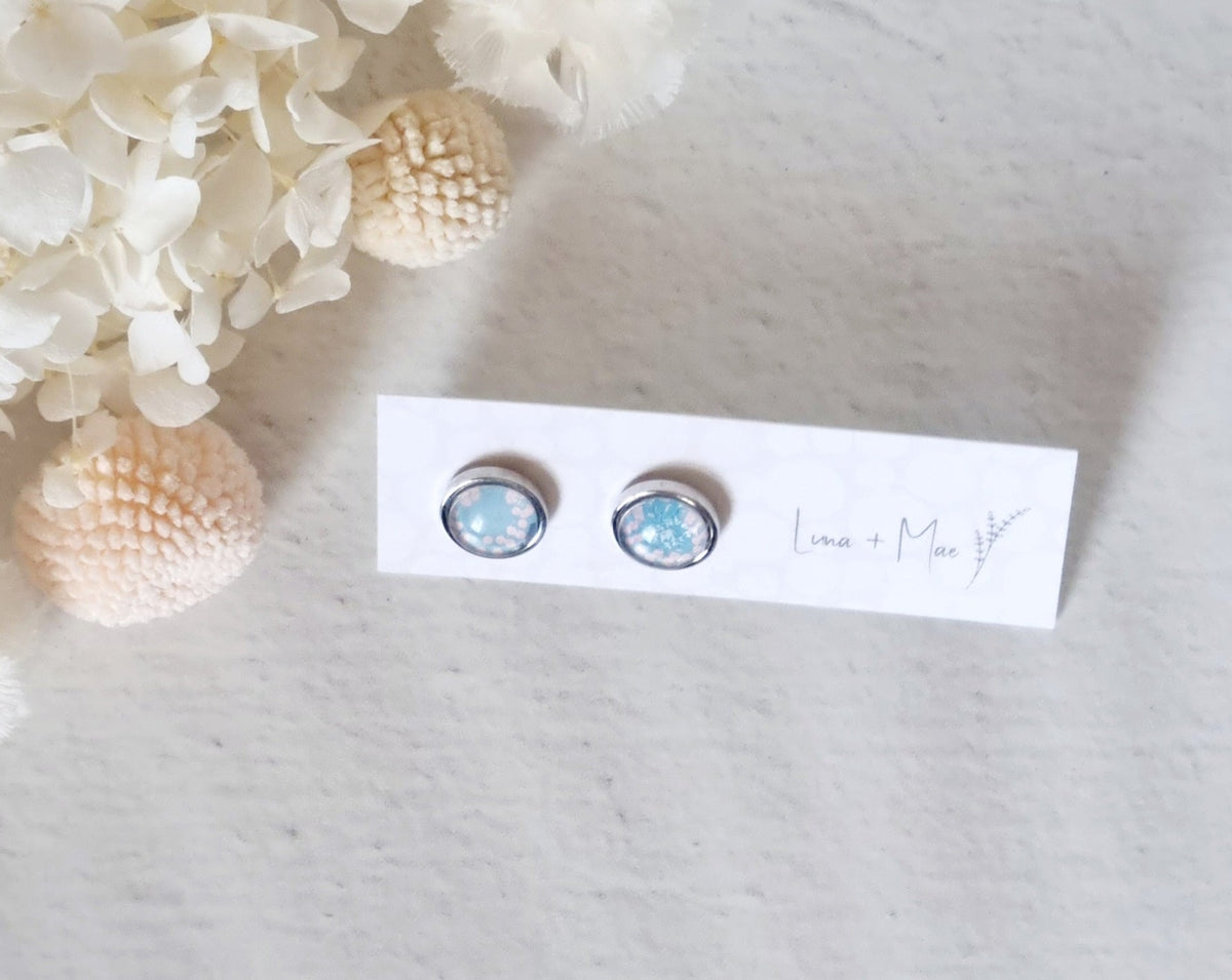 Bezel Pink Dot Silver Stud Earrings