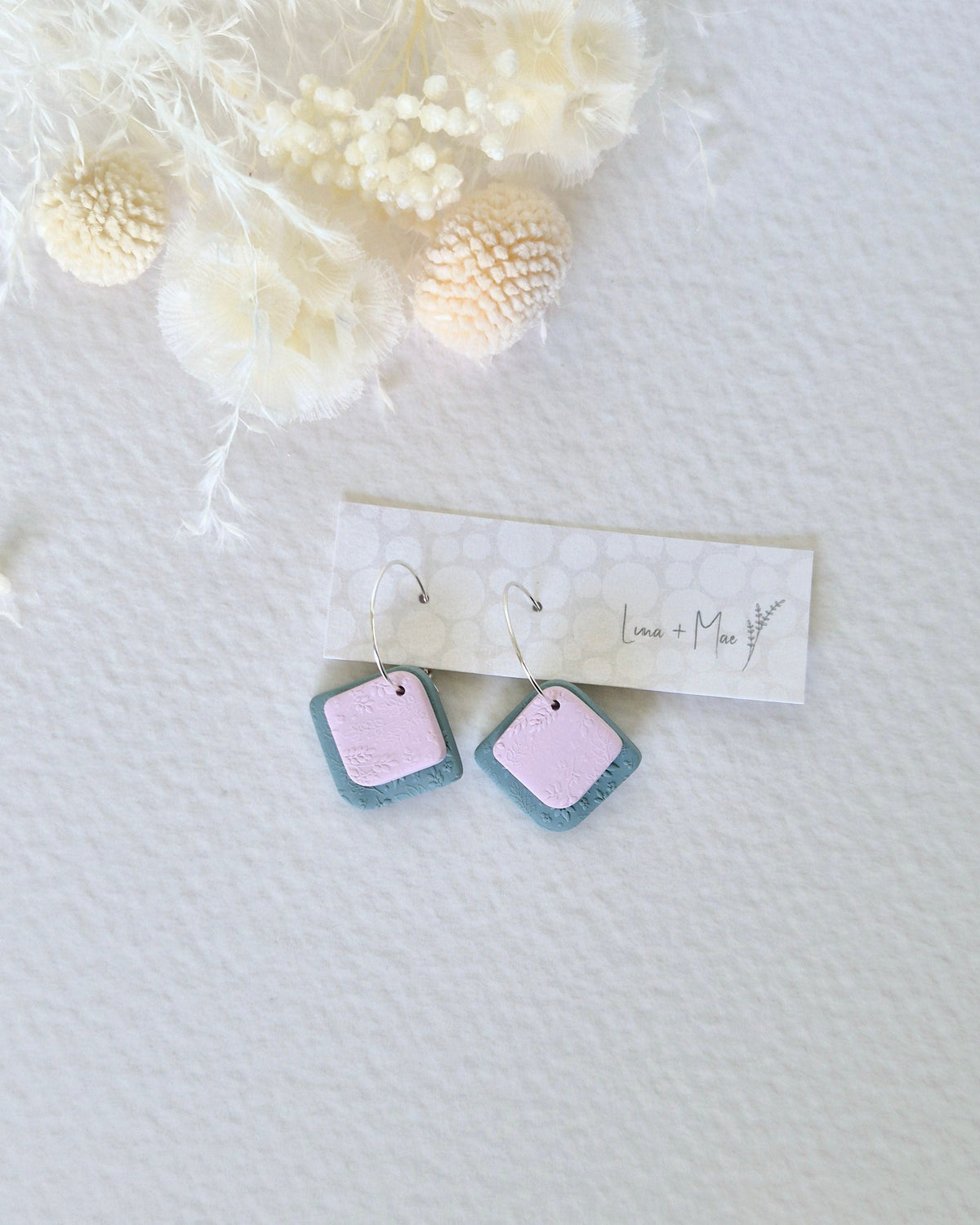Garden Sage Green + Rose Pink Silver Hoop Earrings
