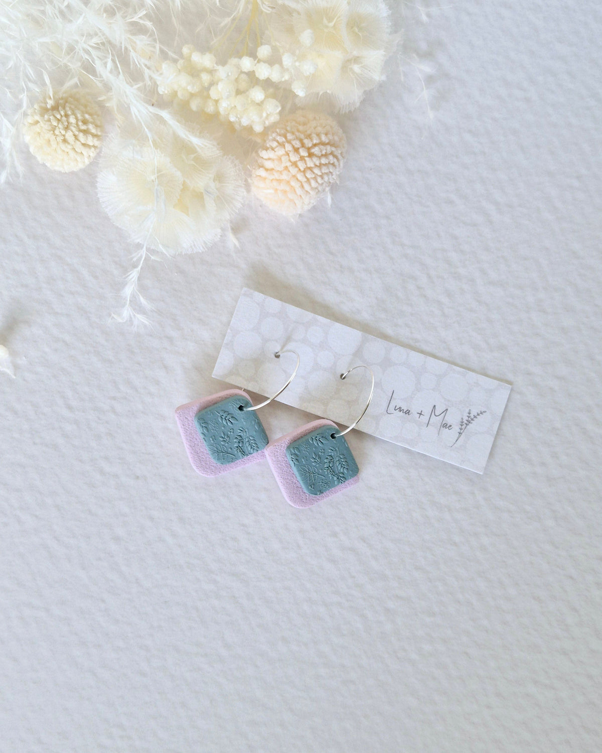 Garden Rose Pink + Sage Green Silver Hoop Earrings