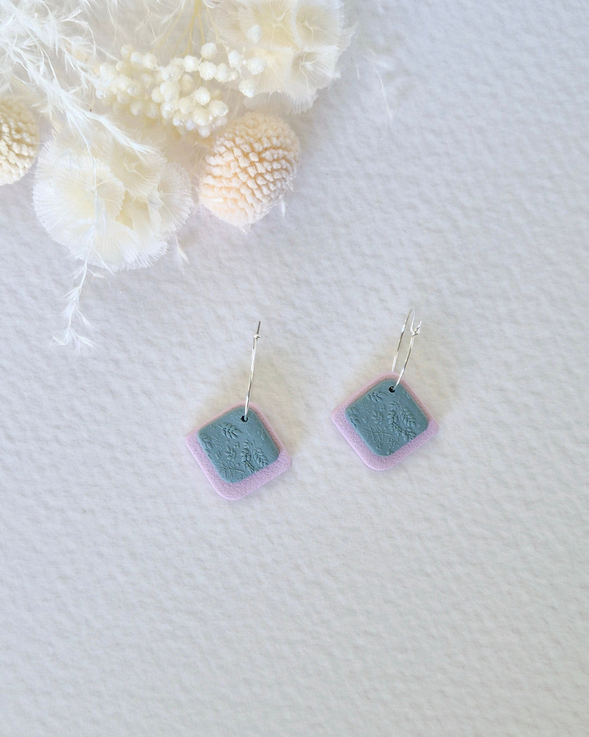 Garden Rose Pink + Sage Green Silver Hoop Earrings