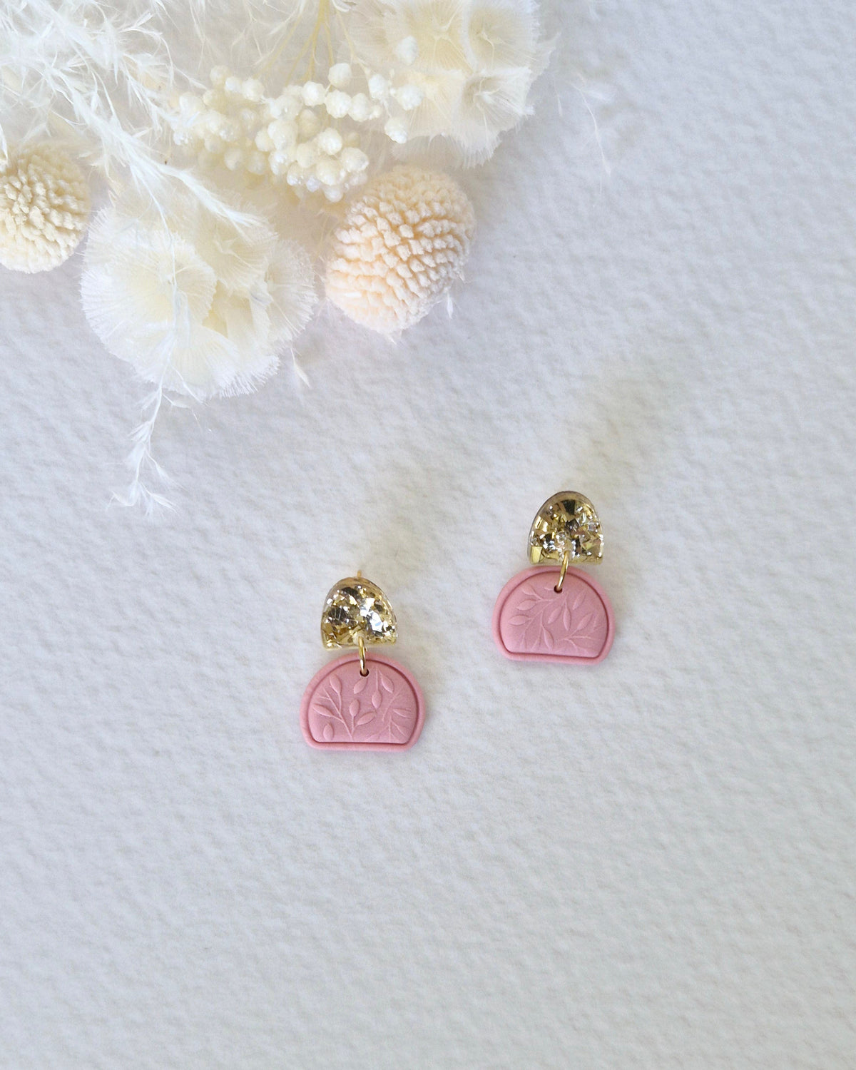 Garden Rose Pink + Gold Embossed Dangle Earrings