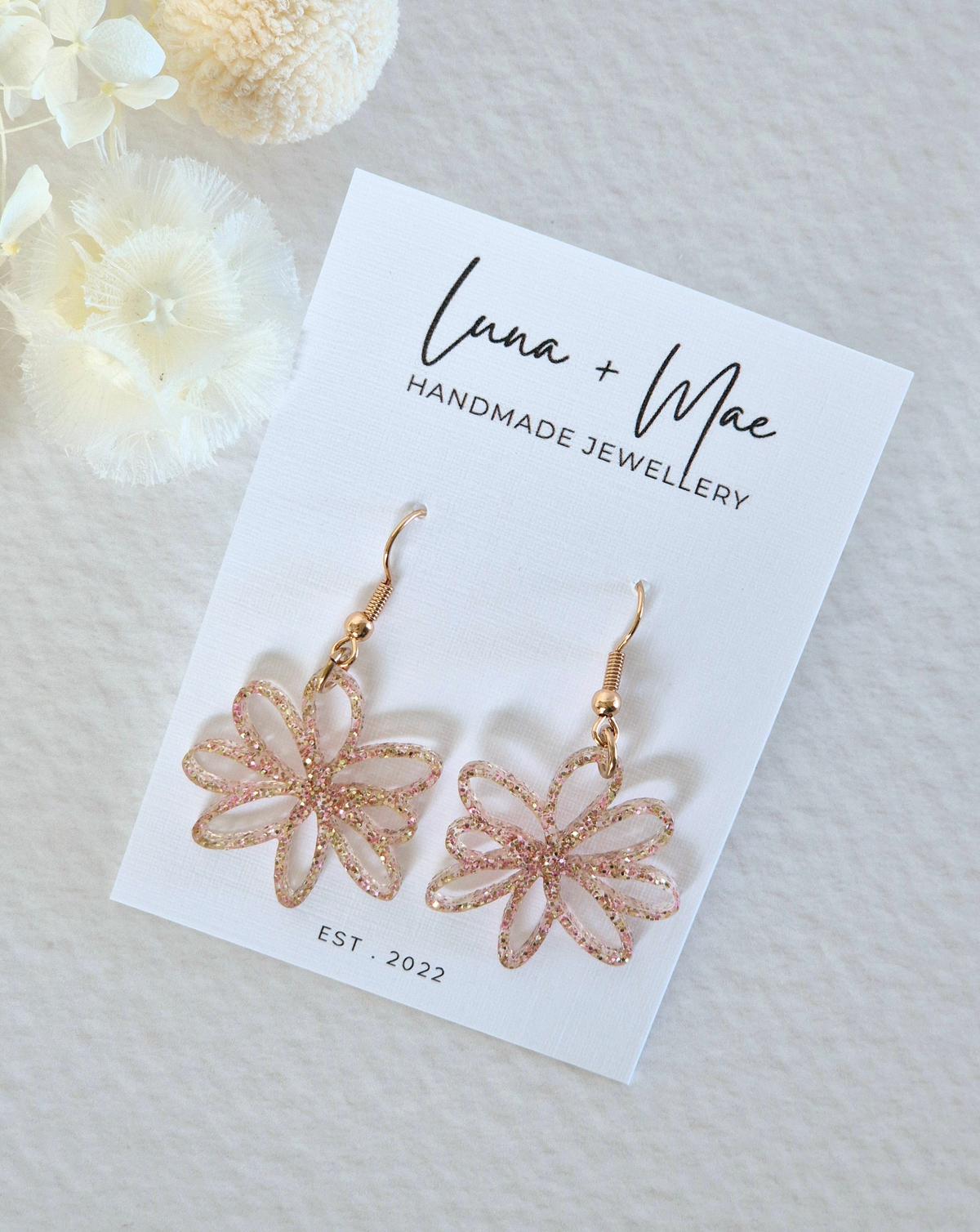 Bloom Rose Gold Glitter Daisy Dangle Earrings