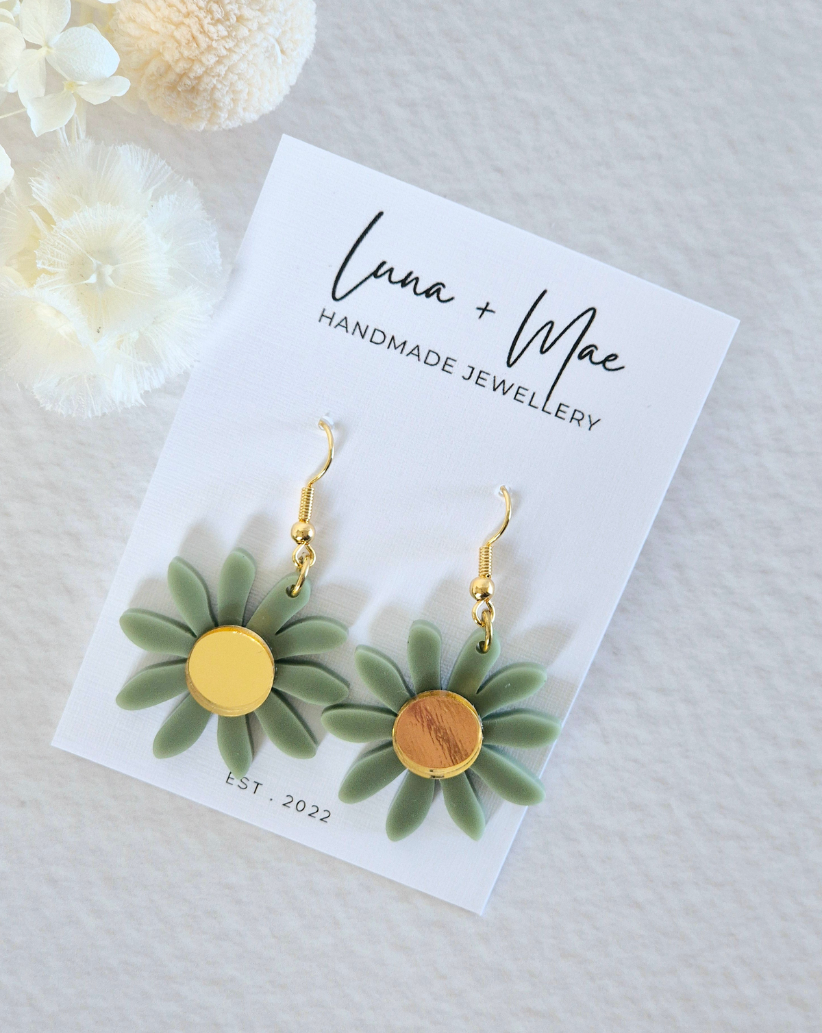 Bloom Sage Green + Gold Daisy Dangle Earrings