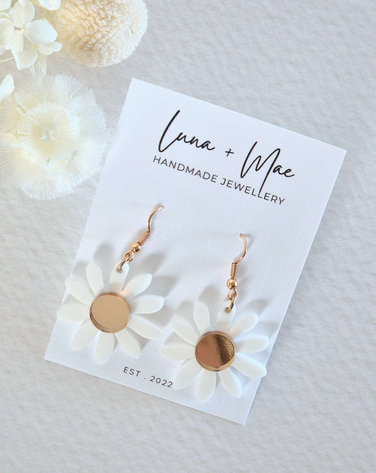 Bloom White + Rose Gold Daisy Dangle Earrings