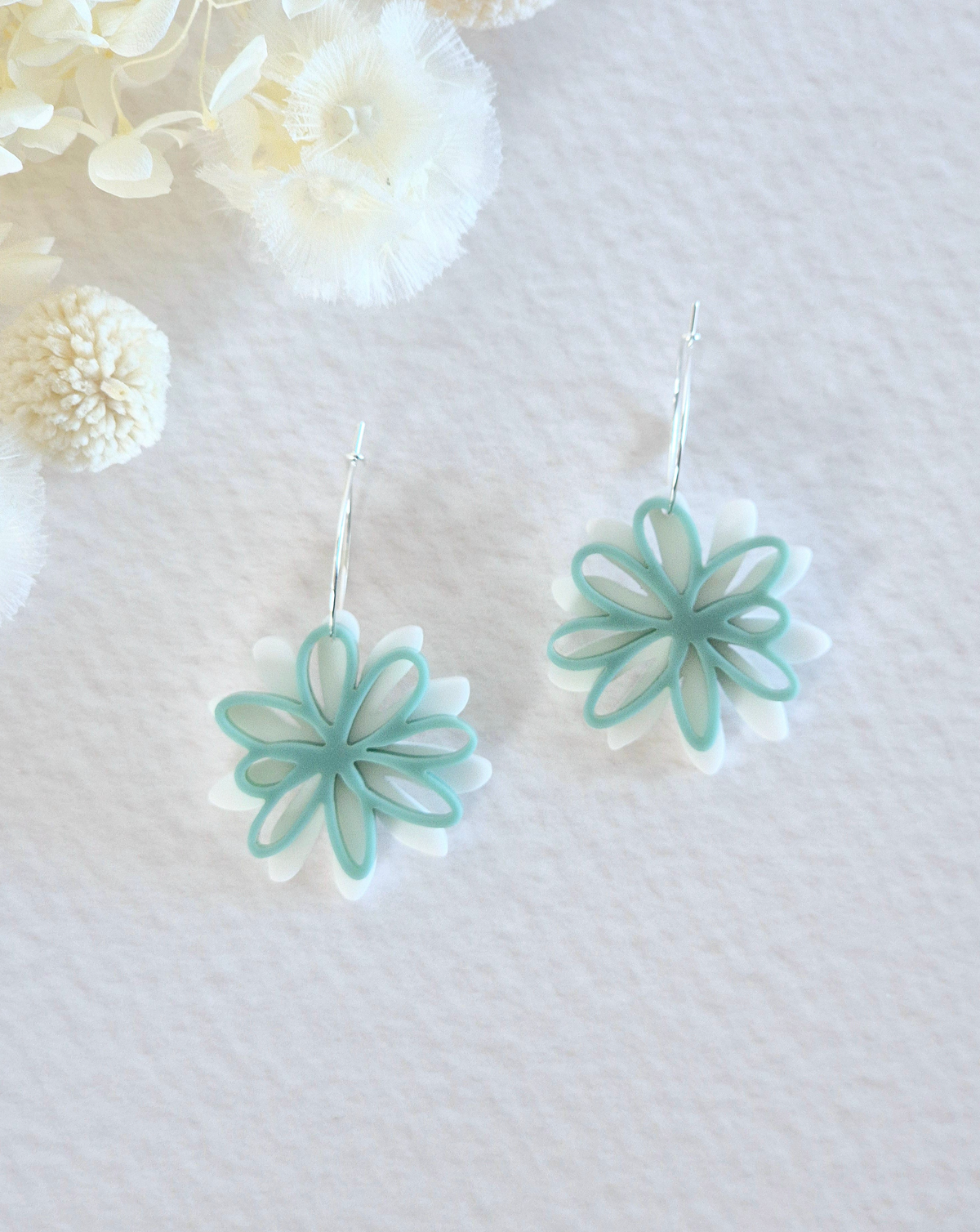 Bloom White + Sea Green Daisy Hoop Earrings