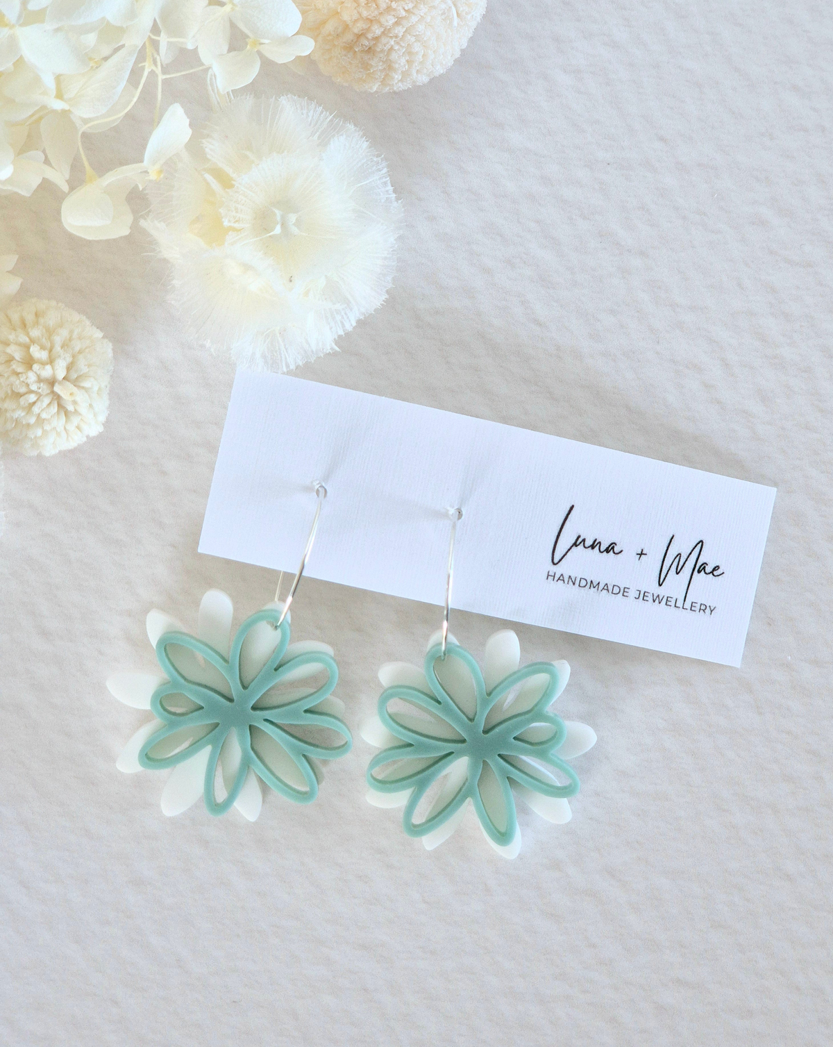 Bloom White + Sea Green Daisy Hoop Earrings