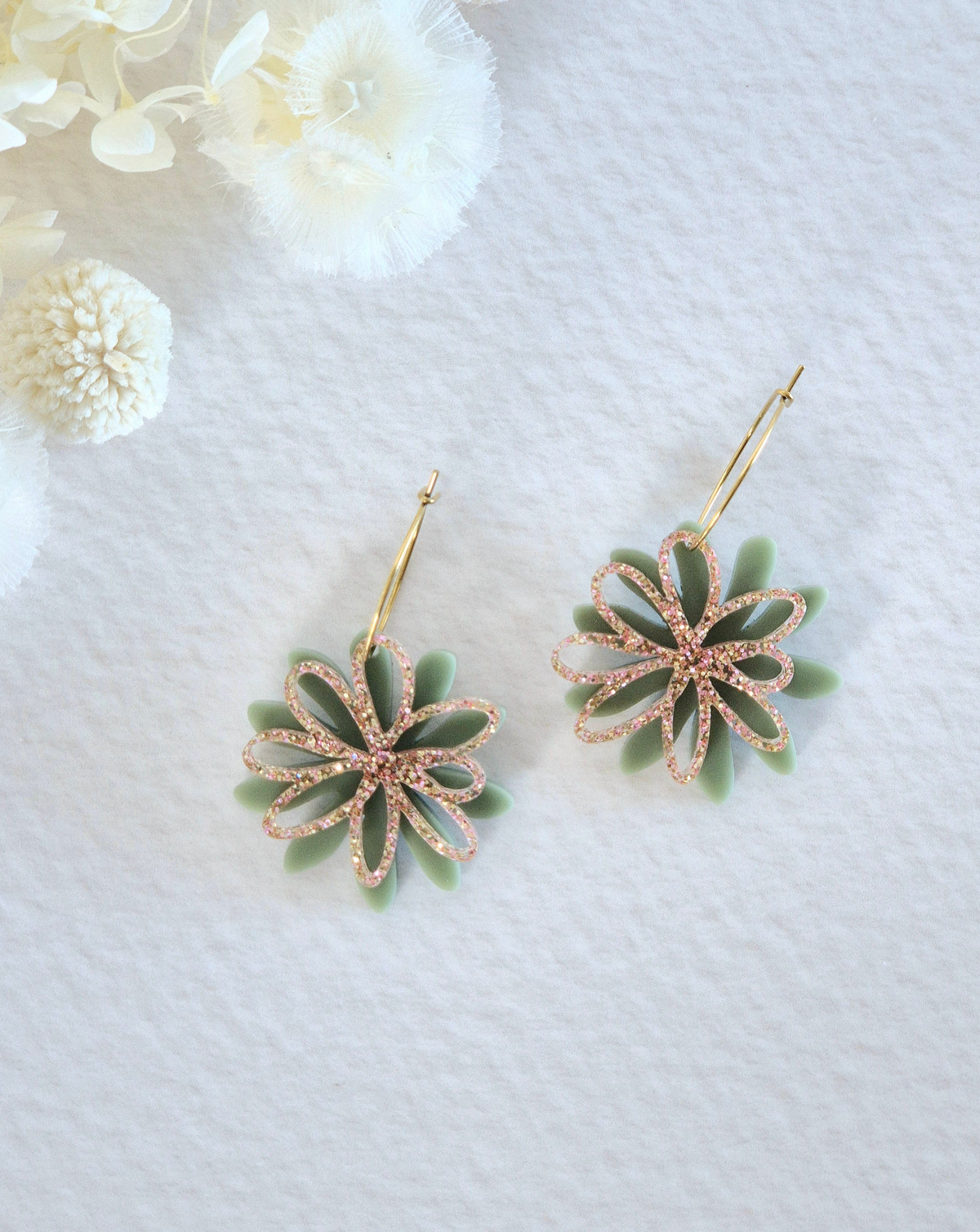 Bloom Sage Green + Rose Gold Daisy Hoop Earrings
