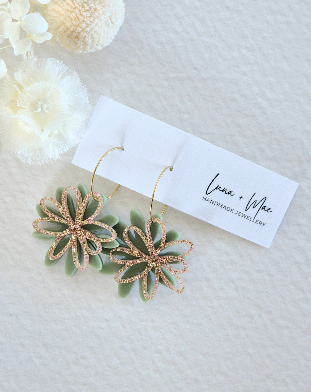 Bloom Sage Green + Rose Gold Daisy Hoop Earrings
