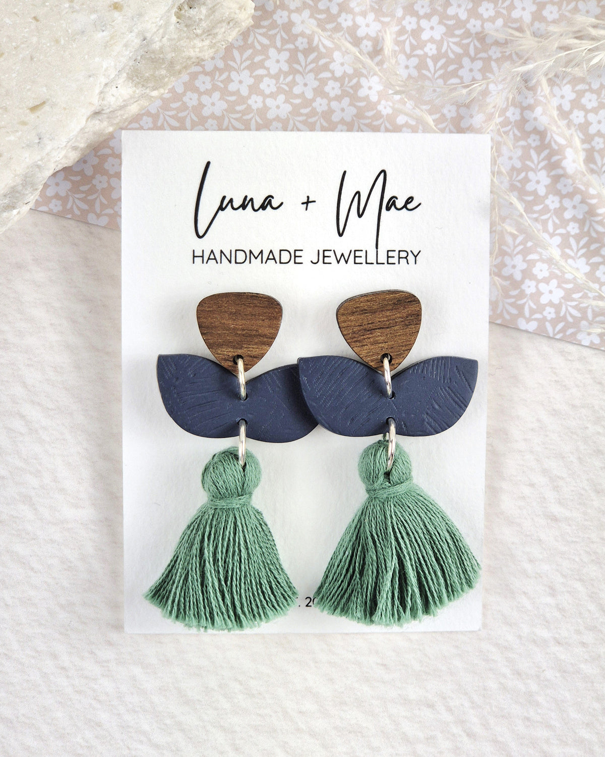Forest Green + Navy Petal Tassel Earrings