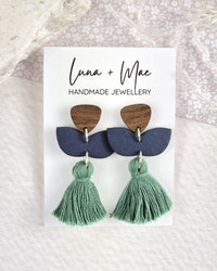 Forest Green + Navy Petal Tassel Earrings