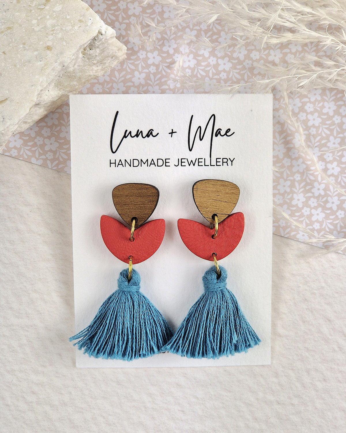 Red Heart + Sea Blue Tassel Earrings