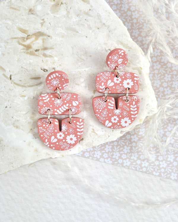 Pink Floral Print Dangle Earrings Luna + Mae