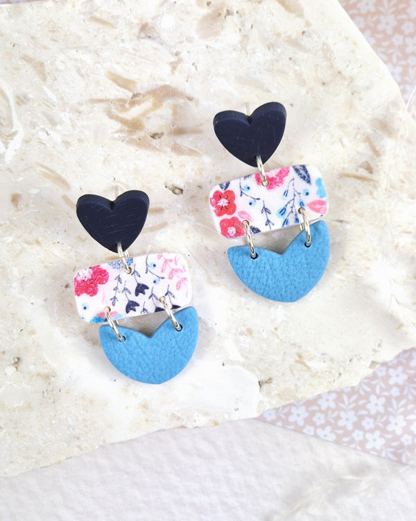 Heart Layered Dangle Earrings Navy + Blue Luna + Mae