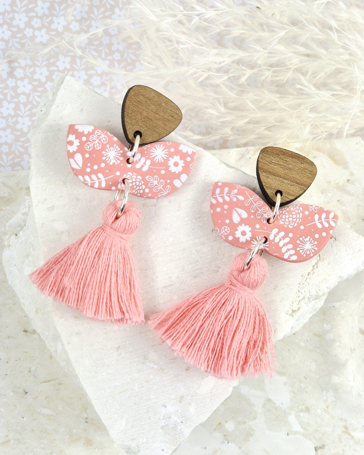 Pink Floral Print Tassel Earrings Luna + Mae