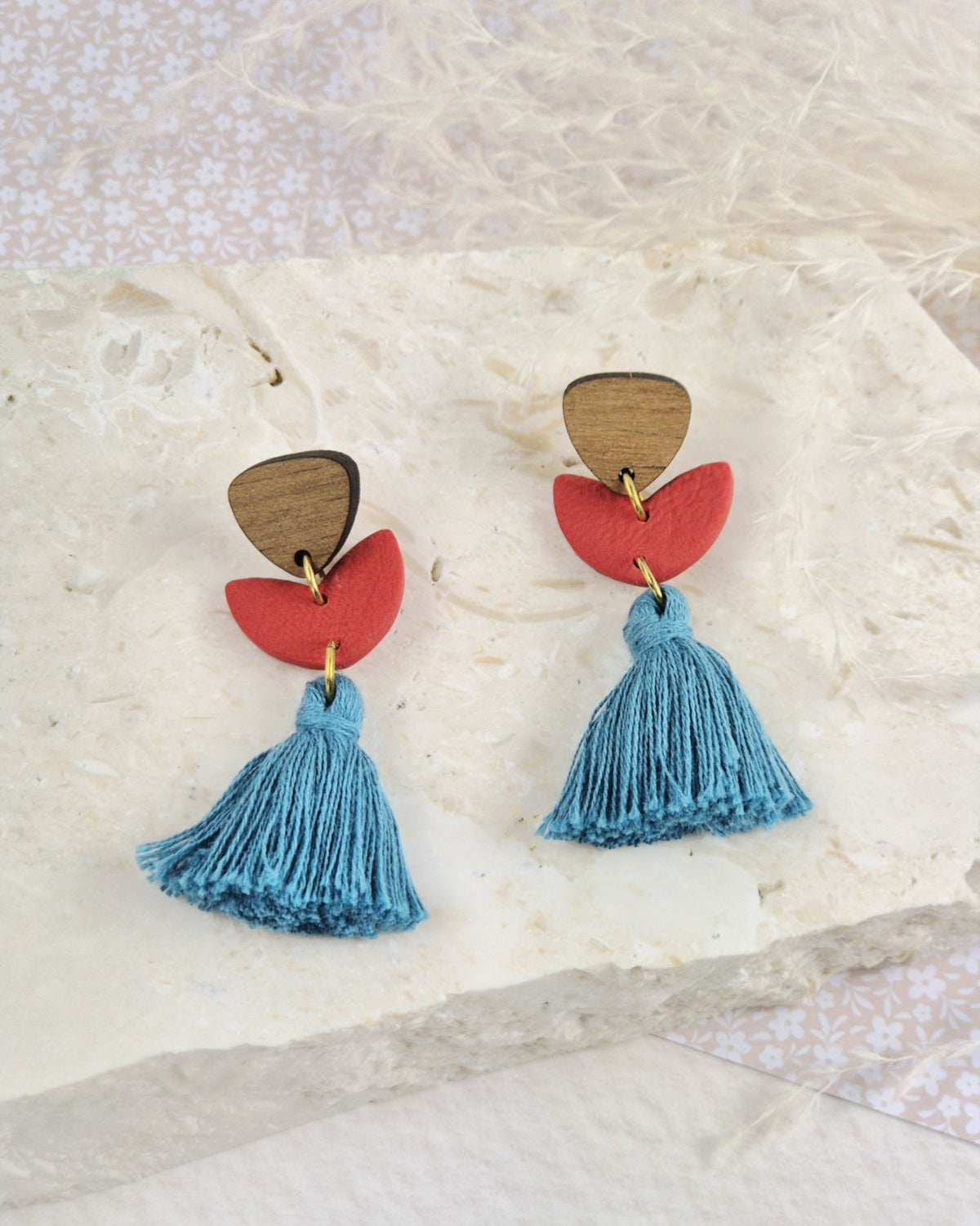Red Heart + Sea Blue Tassel Earrings