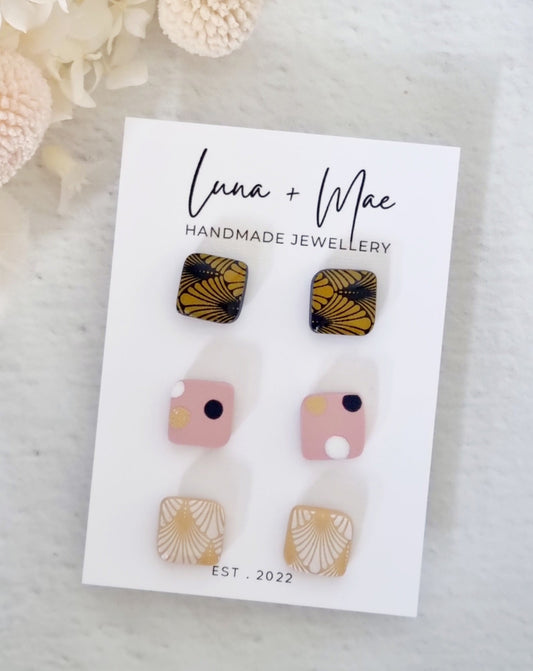 Timeless Trio Square Stud Pack - Luna + Mae