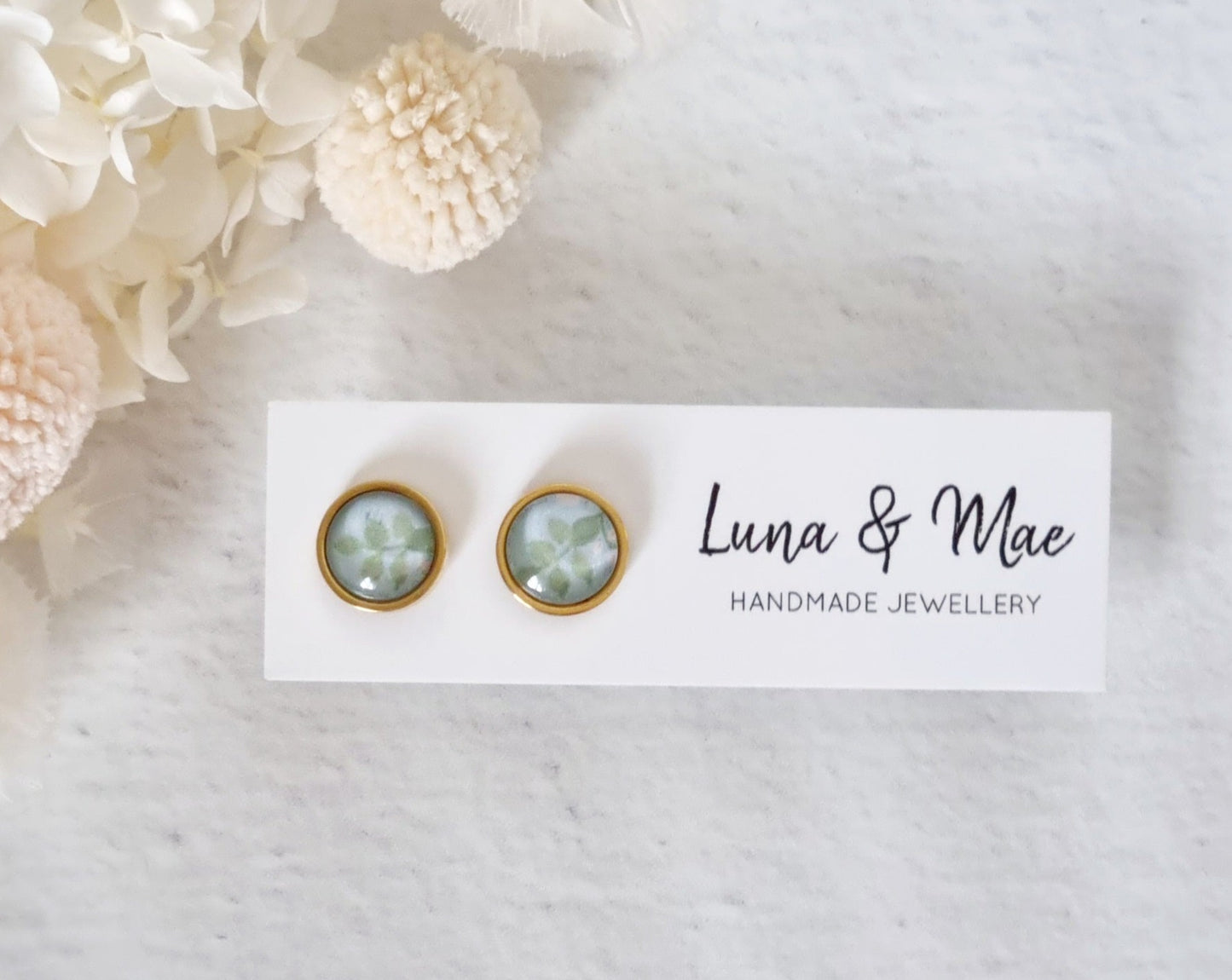 Bezel Green Leaf Gold Stud - Luna + Mae