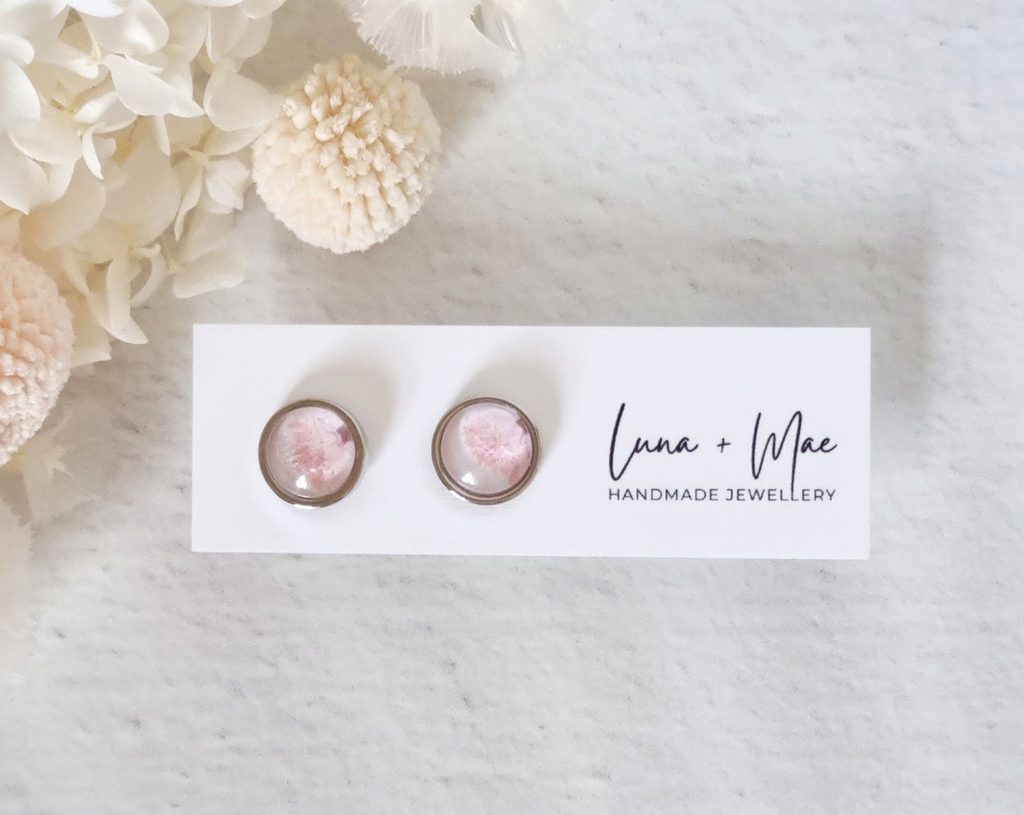 Bezel Pink Floss Silver Stud - Luna + Mae