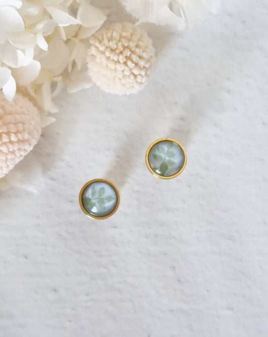 Bezel Green Leaf Gold Stud - Luna + Mae