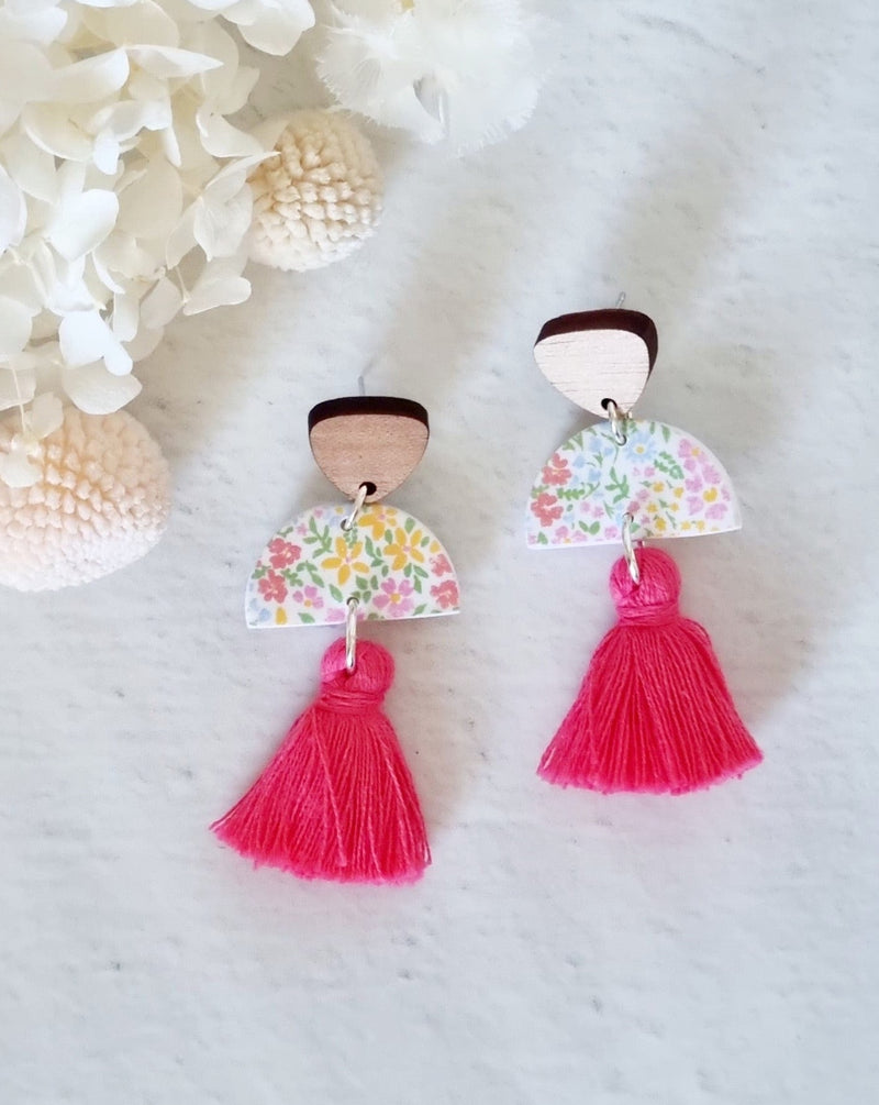 Tassel Hot Pink Spring Dangle Earrings Luna + Mae