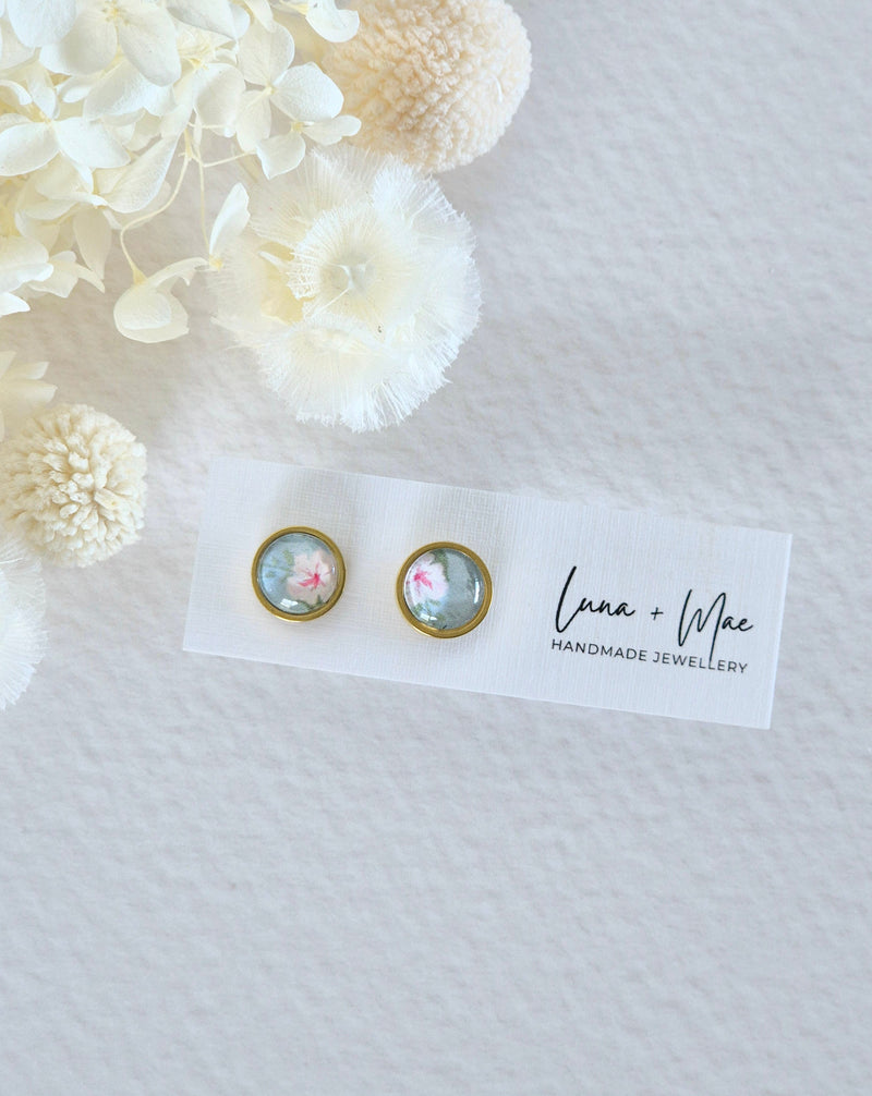 Bezel Hibiscus Pink Stud Earrings