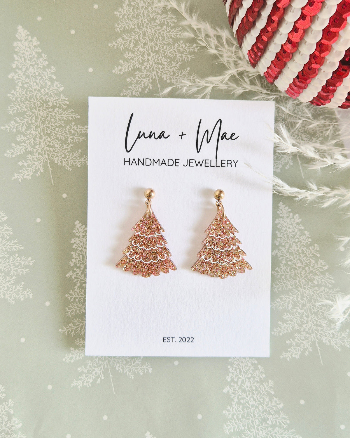 Christmas Tree Rose Gold Glitter Dangle Earring