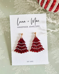 Christmas Tree Red Glitter Dangle Earrings