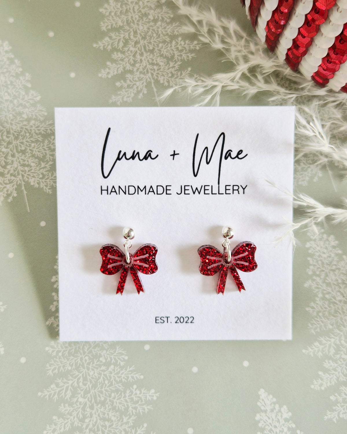 Christmas Bows Red Glitter Dangle Earrings