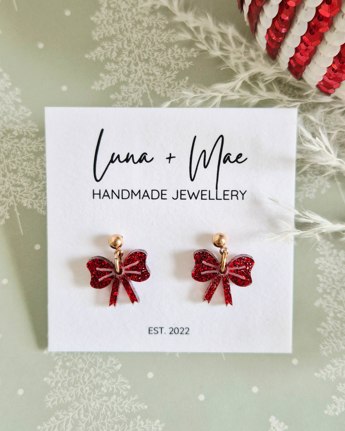 Christmas Bows Red Glitter Dangle Earrings