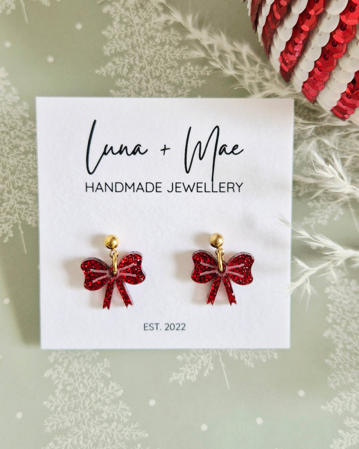 Christmas Bows Red Glitter Dangle Earrings