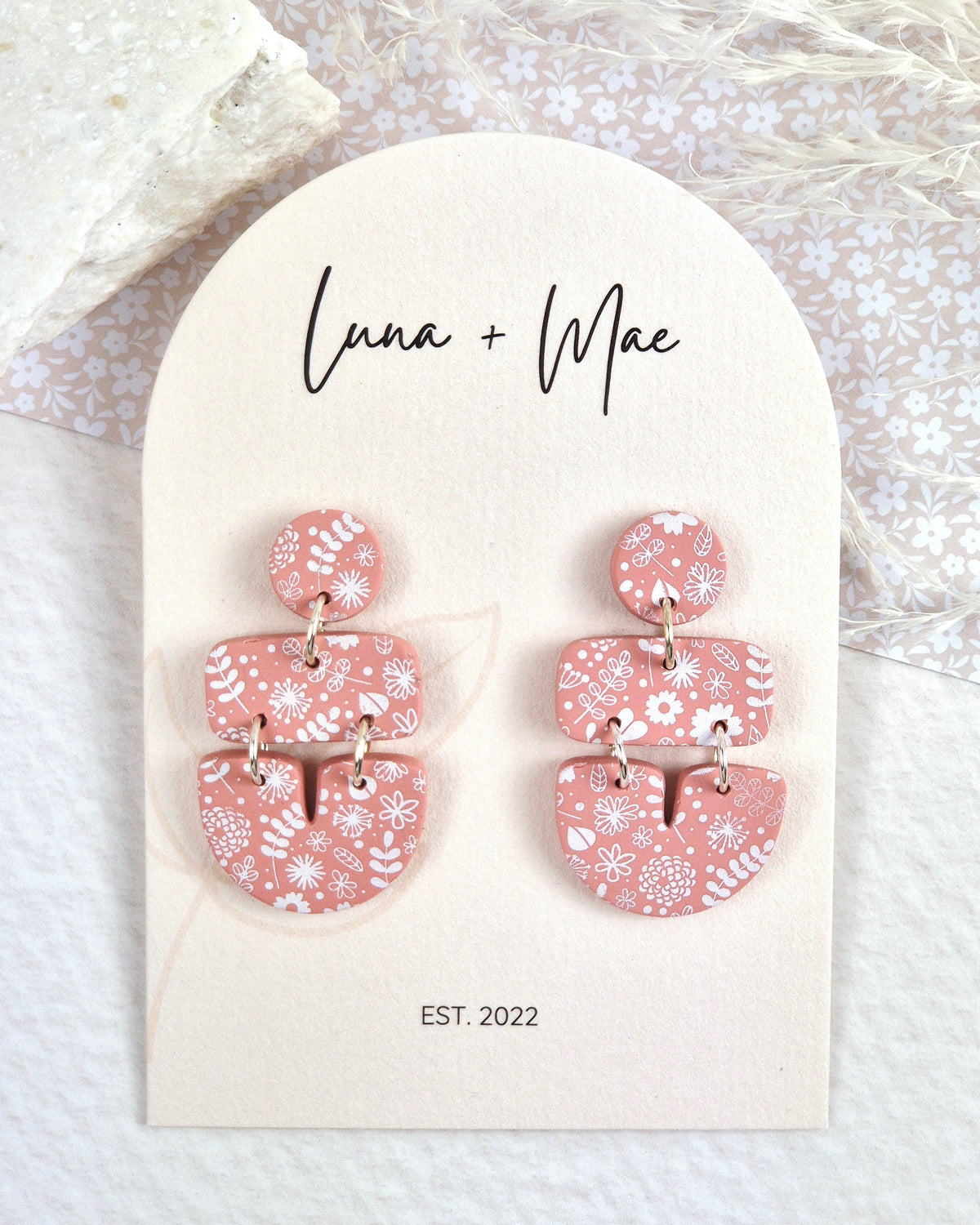Pink Floral Print Dangle Earrings Luna + Mae